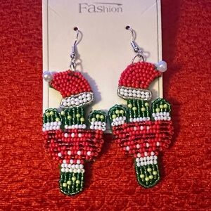 Festive Santa Hat Beaded Cactus Earrings